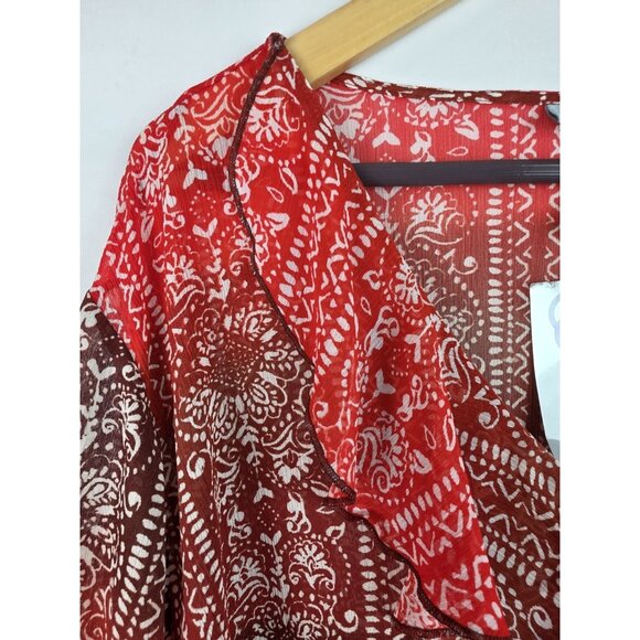 Catherines Women's Top Plus Size 3X Orange Sheer 3/4 Sleeve Ruffle Shirt Blouse - Picture 3 of 10